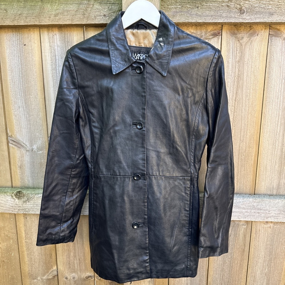 Vintage Kasper Leather‎ Jacket Women Small Black Satin Lined Faded City 90s